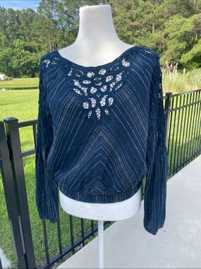 Free People Navy Crochet Yoke Textured Stripe Pullover Top